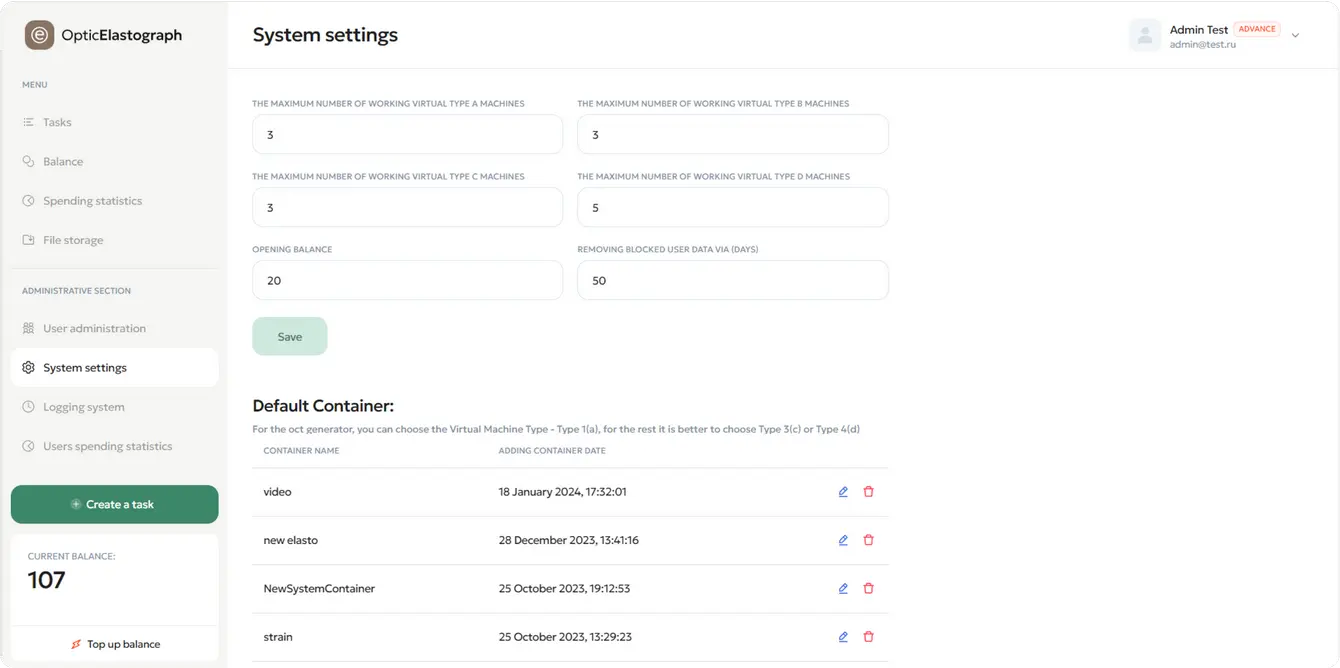Statistics on system settings available to the administrator:
